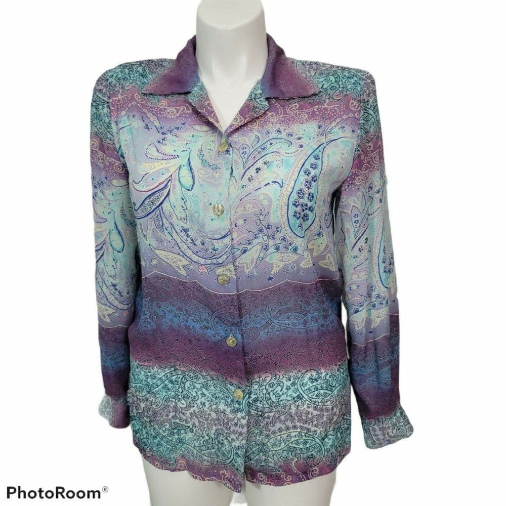 Vintage 80s Burke Avenue XL‎ Sheer Purple Turquoise Paisley Button Front Blouse